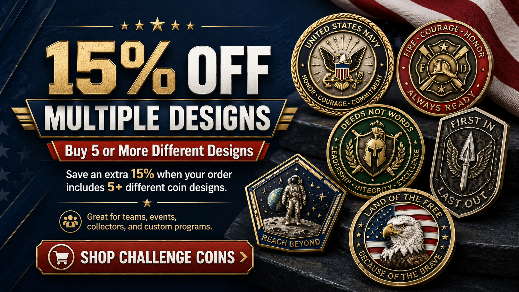 15% off multiple designs when you buy 5 or more different challenge coin designs
