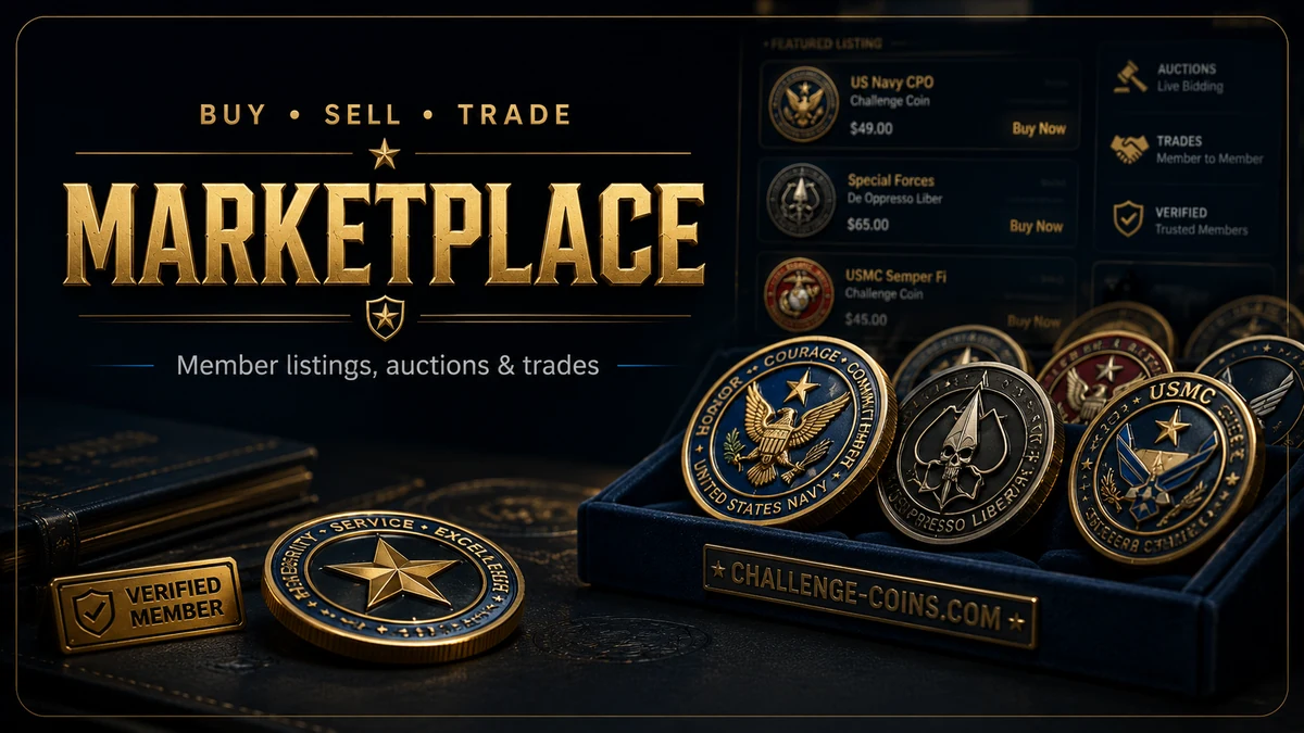 Challenge Coin Marketplace member listings, auctions, and trades