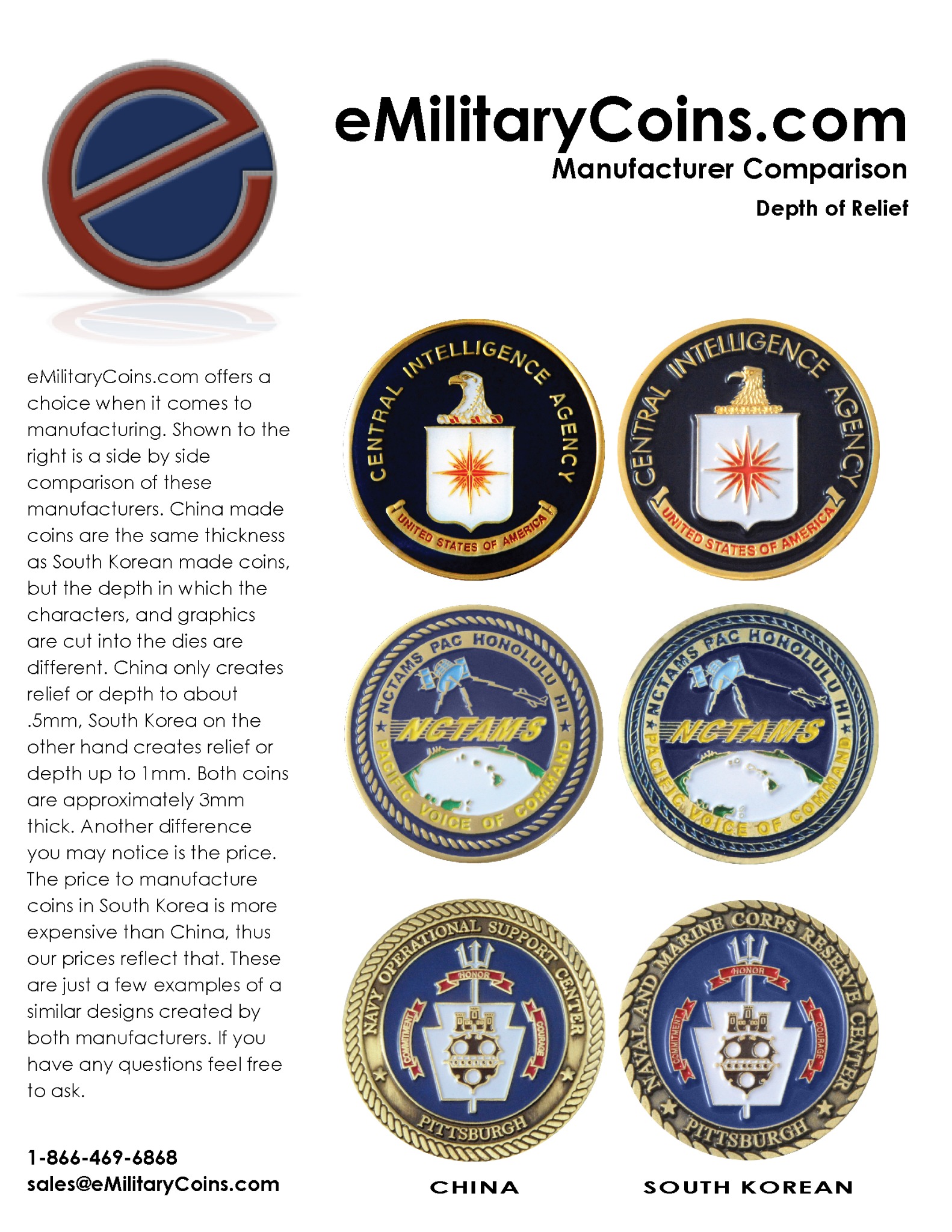 Archived eMilitaryCoins.com manufacturer comparison sheet showing historical China versus South Korean coin relief differences