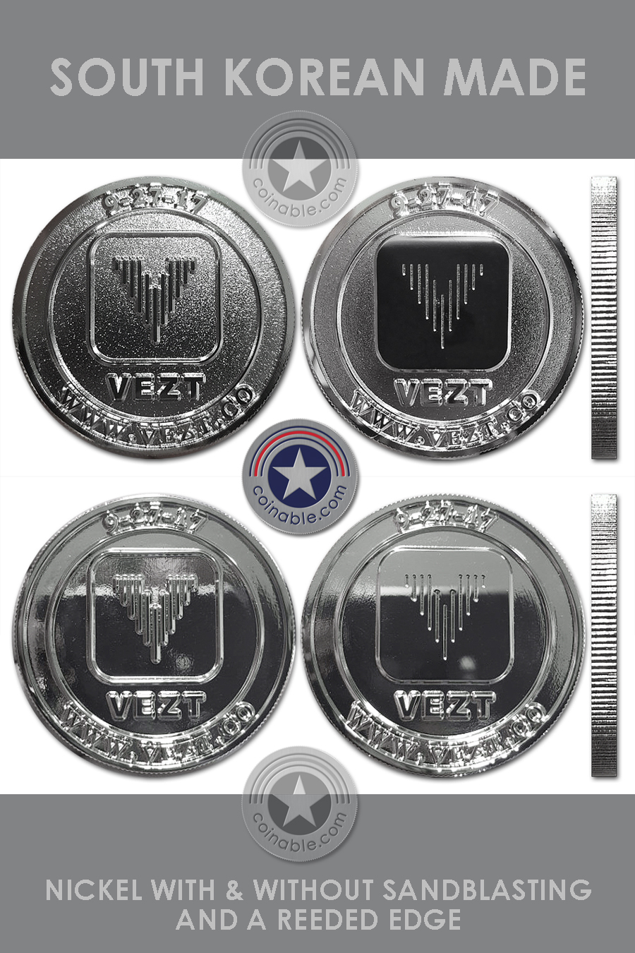 South Korean made nickel challenge coin shown with and without sandblasting and with a reeded edge