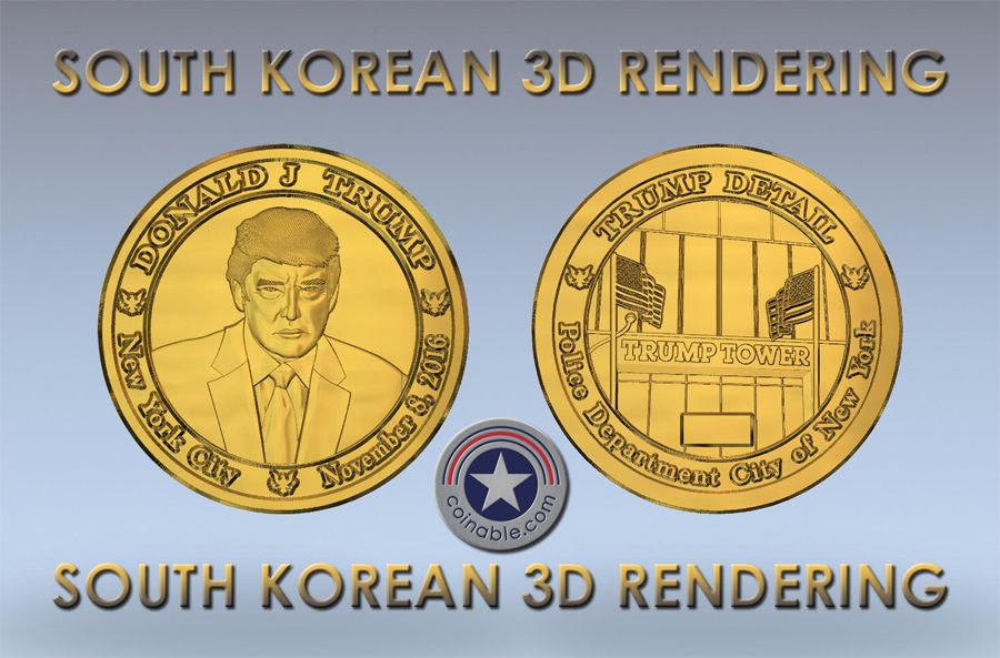 South Korean 3D rendering showing both sides of a custom challenge coin before manufacturing