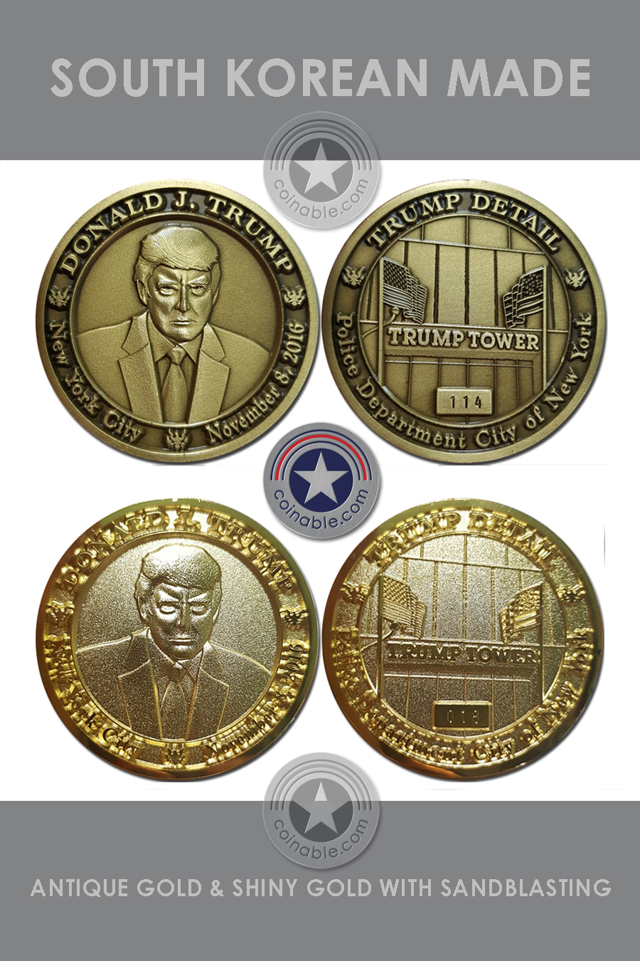 South Korean made challenge coin detail showing antique gold and shiny gold with sandblasting