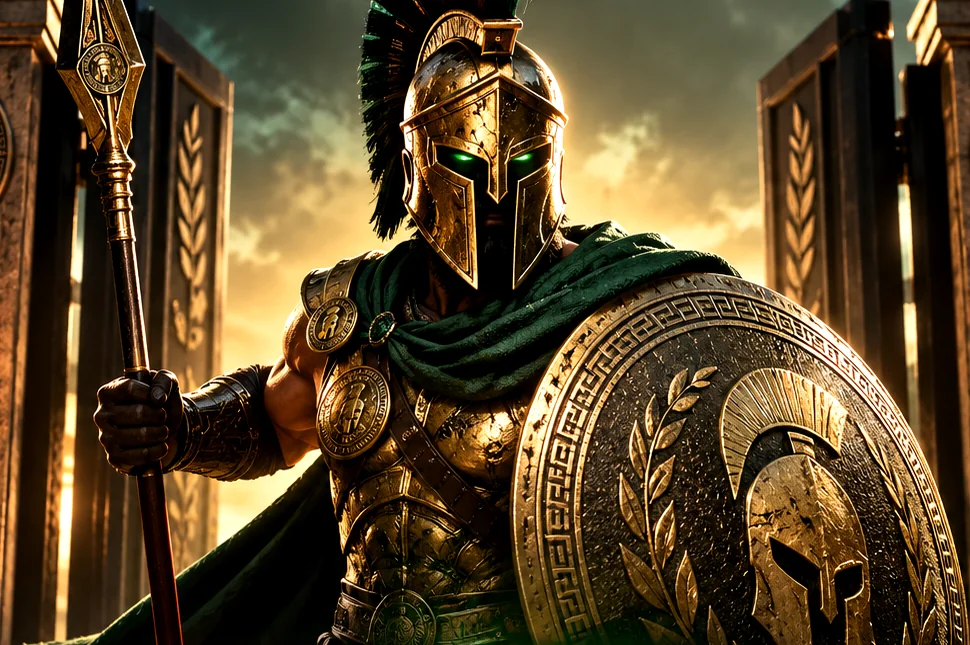Bronze-armored Spartan guardian with a green cape, shield and spear